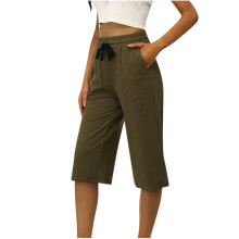 Gerade geschnittene Damenhose, Damenhose in großen Größen, Caprihose mit Kordelzugtaschen und elastischem Bund, Palazzo-Hose, lässige Loungehose