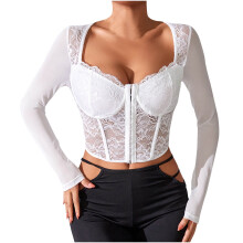 Vintage Corset Top with Sleeves, Lace Trim & Boning, Mesh Flower Print, White – Compatible with 2025 Medieval Style