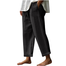 Damen-Hose aus Baumwoll-Leinen-Mischgewebe mit geradem Bein, elastischem Bund und Kordelzug, Schwarz, Größe XXXXXL – Passend für Frühlings- und