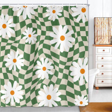 Zasłona prysznicowa w stylu retro Sage Green z lat 70., kolorowa kratka i wzór kwiatowy stokrotek, 70x70 cali, wystrój łazienki w stylu vintage