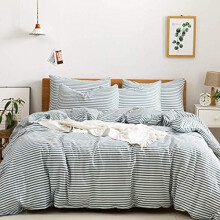 100% Natural Cotton 2pcs Striped Duvet Cover Set, White with Grayish Blue Stripes, Zipper & Corner Ties (Twin), Compatible with Twin Size