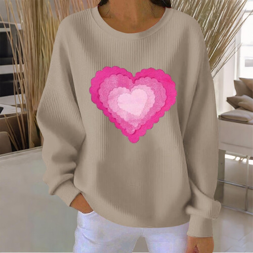 Felpa da donna a coste con scollo rotondo e cuore per San Valentino, lunga 1