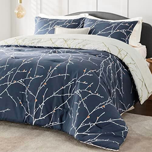 Twin Comforter Set Floral Navy Blue 5-Piece