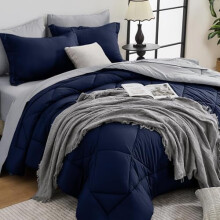Twin-XL Comforter Set Navy Light Grey 5-Piece
