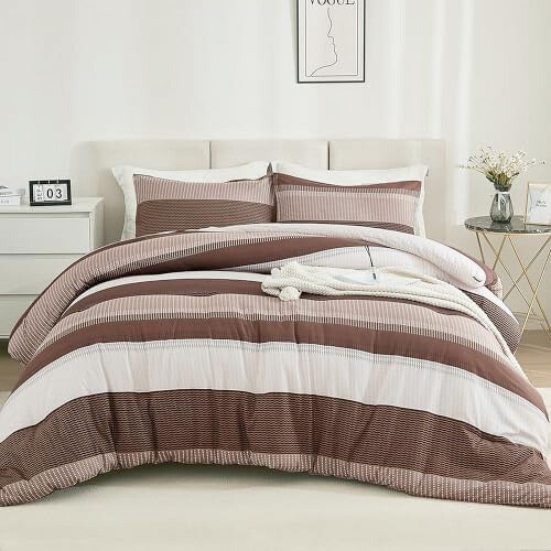 Brown comforter set full size 3-piece stripe bedding 1