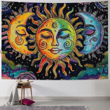 Sun & Moon Tapestry, Black Psychedelic Mandala Wall Hanging – Multi Sizes, Compatible with All Walls