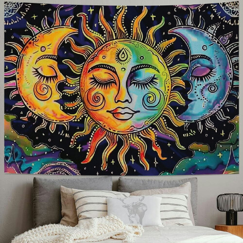Arazzo con sole e luna, mandala nero, da appendere alla parete. 1