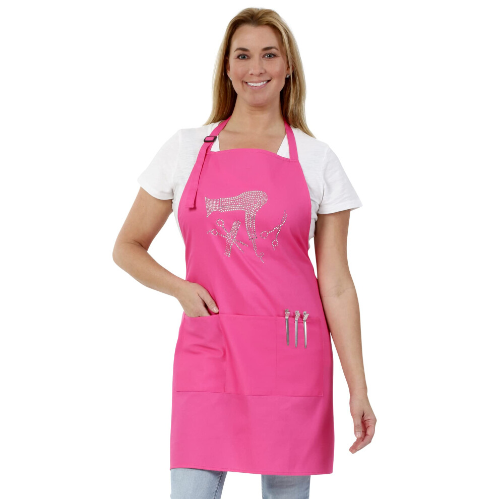 Hot Pink Hair Stylist Apron With Rhinestones, Adjustable Long Ties, Three Pockets, Wrinkle Resistant 9771547168881