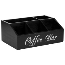 Coffee Station Organizer with 5 Compartments, Solid Wood Vintage Coffee Bar Storage for Countertop (Black)