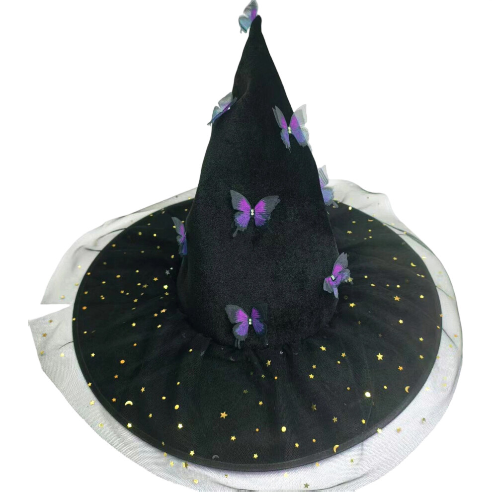 Purple (One Size, ) Women Witch Hat, Shiny Stars Moon Butterfly Tulle Halloween Hat Party Hat For Cosplay Festival
