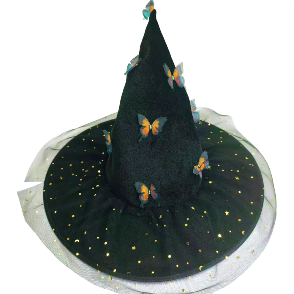 Orange (One Size, ) Women Witch Hat, Shiny Stars Moon Butterfly Tulle Halloween Hat Party Hat For Cosplay Festival