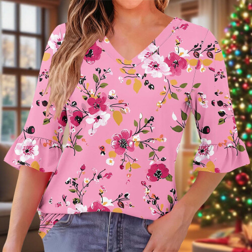 Γυναικεία Μπλούζα με Στάμπα και V-Neck, Πλισέ Μανίκια στο Τέταρτο, Βολάν – Άνετο 1
