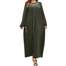 (S, Green) Robe longue pour femme, style oriental, broderies florales et pompons, coupe ample, col rond, manches longues
