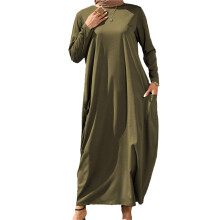 (S, Brown) Robe arabe pour femme, couleur unie, manches longues, col rond, robe longue ample de style caftan