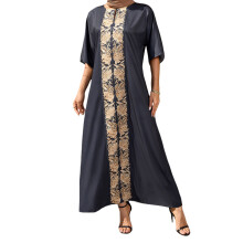 (L, Black) Robe Ramadan pour femme, manches 3/4, col rond, ample, longue, imprimé rétro, style arabe, caftan
