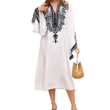(S, White) Robe abaya pour femme, brodée, manches longues, boutons, col en V, vêtement de prière, jilbab de Dubaï