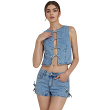(S, Light Blue) Ensemble deux pièces décontracté pour femme : top en jean sans manches à nouer sur le devant et short, style streetwear