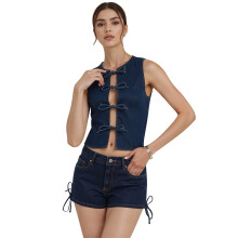 (L, Dark Blue) Ensemble deux pièces décontracté pour femme : top en jean sans manches à nouer sur le devant et short, style streetwear