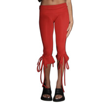 (M, Red) Dames capri broek effen kleur elastische tailleband met strik zomer casual cropped broek stretch crop legging