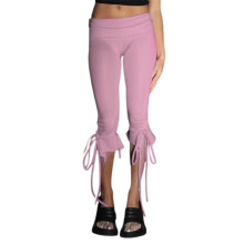(L, Pink) Dames capri broek effen kleur elastische tailleband met strik zomer casual cropped broek stretch crop legging