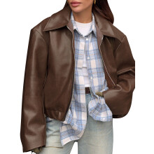 (L, Camel) Vestes en similicuir pour femmes, style motard vintage, manches longues, col à revers et fermeture éclair.