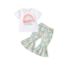 (12-18 Months, Green) Completo estivo ragazza 2 pezzi: top corto con stampa arcobaleno e pantaloni a zampa floreali.