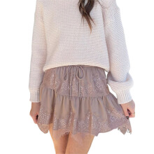 (S, Light Brown) Jupes courtes en dentelle asymétrique pour femmes, taille élastique, coupe ample, style trapèze.