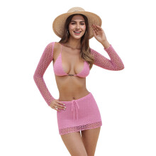 (L, Pink) Women's Summer Knit Outfits Long Sleeve Shrug Crop Tops + Bra + Mini Bodycon Skirt Set