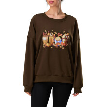 (M, Coffee) Sweat-shirt oversize à manches longues et col rond, imprimé pommes de pin, pour femme, automne