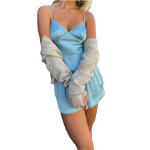 (M, Blue) Set de 2 piese pantaloni scurți dantelă cu guler inimă, talie elastică, ținută vară