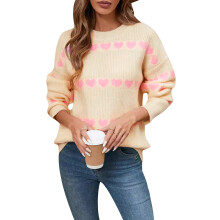 (XL, Milky White) Pull en maille pour femme, manches longues, col rond, imprimé cœur, style décontracté, idéal pour la Saint-Valentin