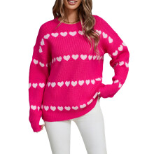 (XL, Rose Red) Women's Valentine's Day Knit Sweater Long Sleeve O Neck Heart Print Casual Knitwear