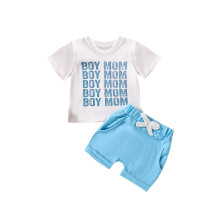 (4-5 Years, Blue) Seturi pantaloni scurți vară băieți, 2 buc, bluze cu imprimeu litere, pantaloni scurți cu șnur
