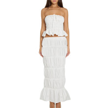 (L, White) Women Skirt Set, Pleated Sleeveless Backless Tube Top with Long Skirt Summer Outfit