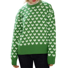 (L, Green) Women's Heart Graphic Sweaters Long Sleeve Crew Neck Loose Pullover Fall Winter Tops