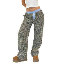 (S, Dark Green) Dames lente/zomer geruite broek met elastische tailleband, losse wijde pijpen en 2 zakken