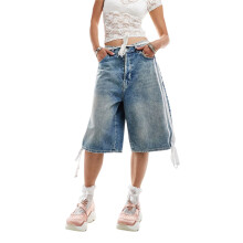 (XL, Blue) Short en jean bermuda pour femme, coupe décontractée, taille mi-haute, imprimé rayures latérales, jambes larges.