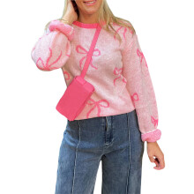 (S, Pink) Pulls en maille rose à manches longues et col rond pour femme, imprimé nœud papillon, automne-hiver