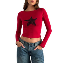 (M, Red) Women's Boat Neck Tops Long Sleeve Floral/Star Print Slim Fit T-Shirts Spring Fall Blouses