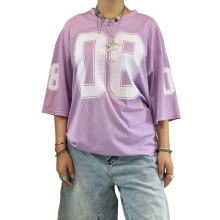 (XL, Purple) Women Short Sleeve T-Shirts Number Print V-Neck Shirts Summer Loose Casual Tops Streetwear