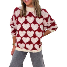 (XL, Red) Pull en maille pour femme, manches longues, col rond, imprimé cœur, idéal pour la Saint-Valentin