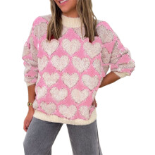 (XL, Pink) Pull en maille pour femme, manches longues, col rond, imprimé cœur, idéal pour la Saint-Valentin