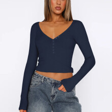 (S, Dark Blue) Women's Summer Slim Cropped Tops Solid Color Ribbed Long Sleeve V-Neck Button Show Navel T-Shirt