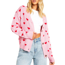 (M, Pink) Women's Fall Cardigan Sweaters Love Heart Pattern Button Down Stylish Cozy V Neck Long Sleeve Knit Sweater Jackets