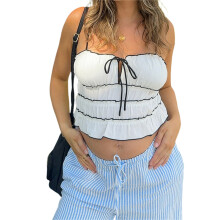 (L, White) Women's Maternity Camisoles Spaghetti Straps Contrast Color Tie Bow Ruffled Crop Tank Tops