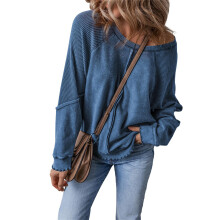 (S, Blue) Sweat-shirt ample en maille gaufrée pour femme, manches longues, col rond, style streetwear