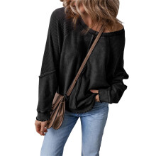 (S, Black) Sweat-shirt ample en maille gaufrée pour femme, manches longues, col rond, style streetwear