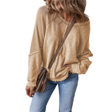 (XL, Khaki) Sweat-shirt ample en maille gaufrée pour femme, manches longues, col rond, style streetwear