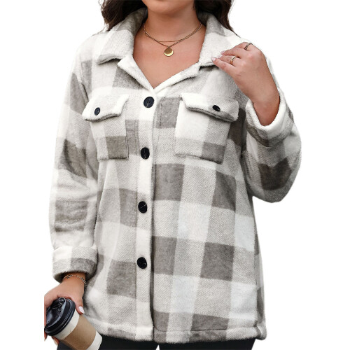 (XL, White) Γυναικείο καρό μπουφάν, γιακά, φθινοπωρινό