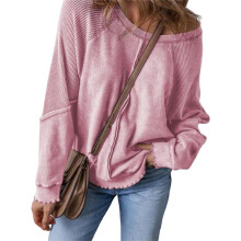 (XL, Pink) Sweat-shirt ample en maille gaufrée pour femme, manches longues, col rond, style streetwear